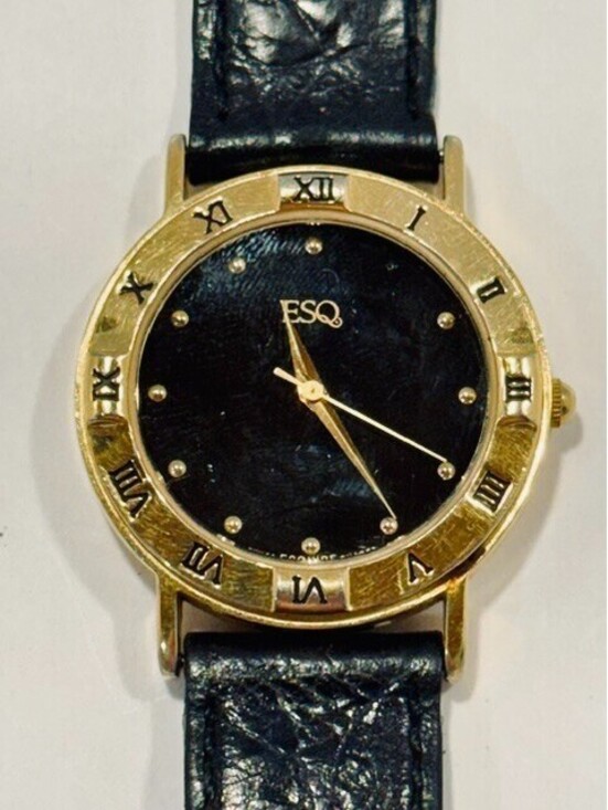 Accessories - Vintage ESQ Movado Black Dial Gold Tone Swiss Quartz Dress Watch 300002 Leather